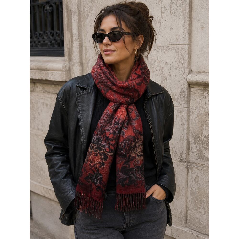 Merona Burgundy Red Fringe Scarf Bohemian Floral Wrap Shawl Winter Fall Cozy